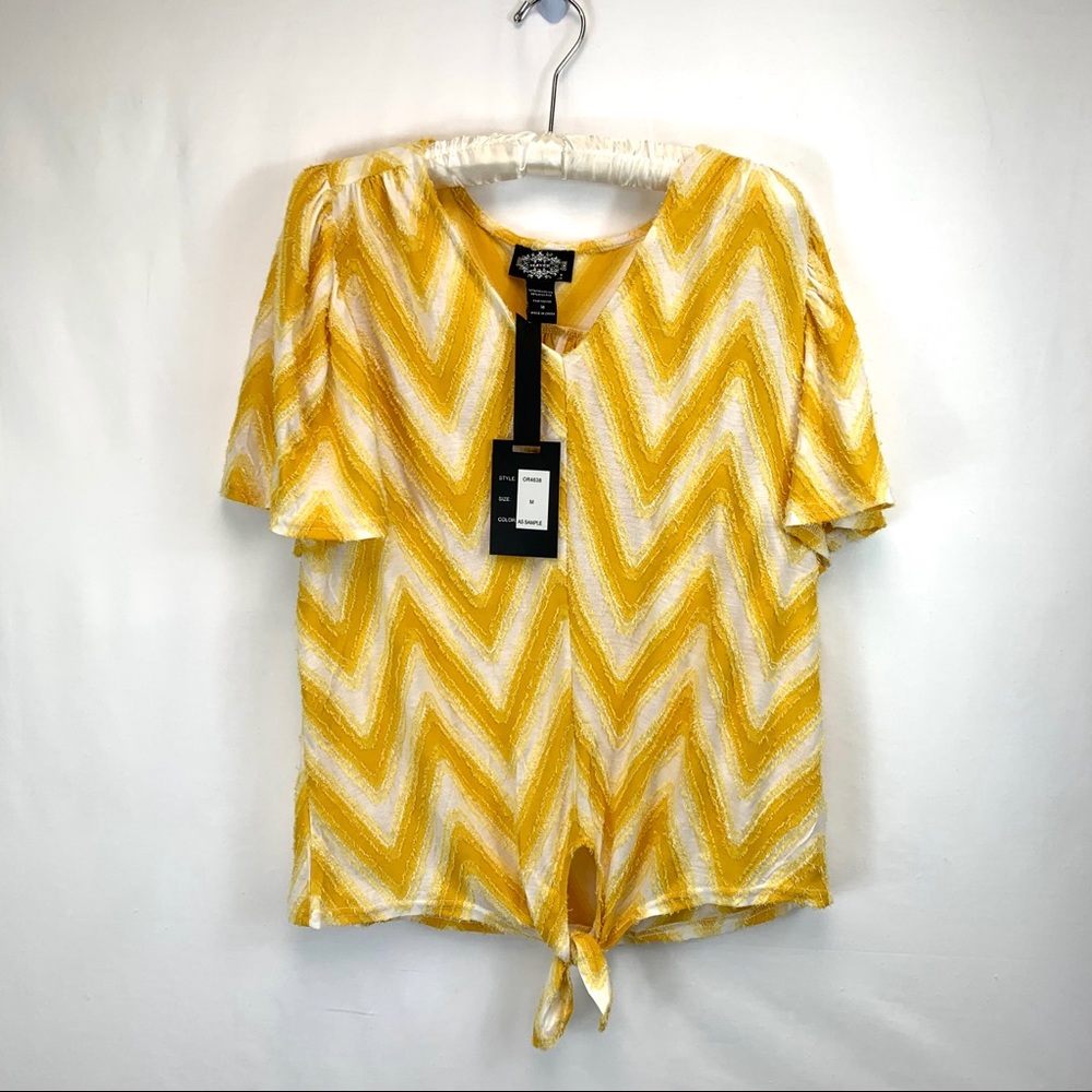 NWT Oliver Yellow Chevron Blouse Bell Sleeve Top Womens Shirt Medium Knot Shirt - Picture 2 of 16